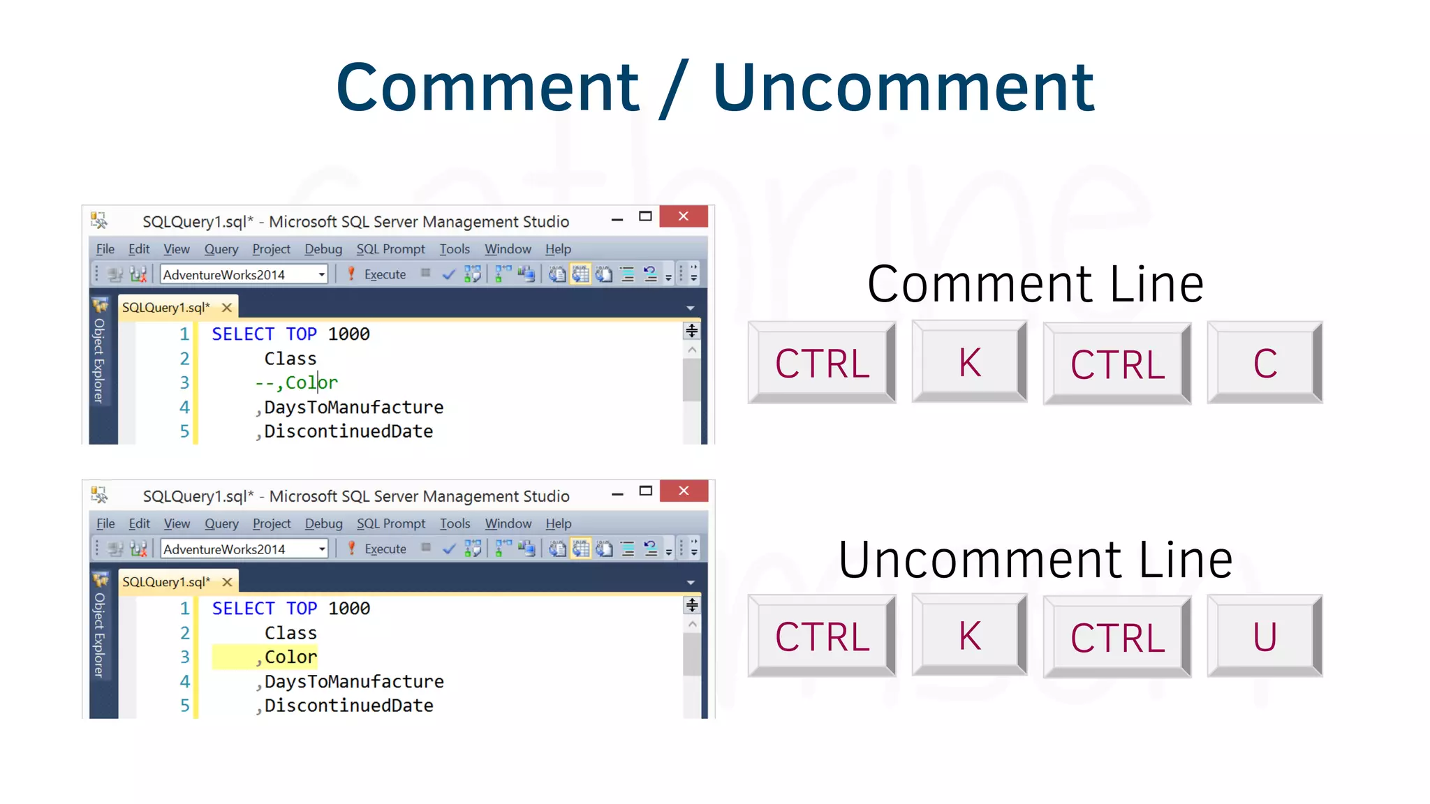 CTRL K CTRL C
Comment Line
CTRL K CTRL U
Uncomment Line
Comment / Uncomment
 