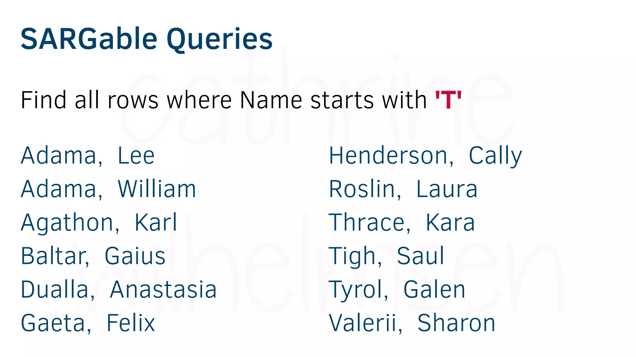 SARGable Queries
Adama, Lee
Adama, William
Agathon, Karl
Baltar, Gaius
Dualla, Anastasia
Gaeta, Felix
Henderson, Cally
Roslin, Laura
Thrace, Kara
Tigh, Saul
Tyrol, Galen
Valerii, Sharon
Find all rows where Name starts with 'T'
 