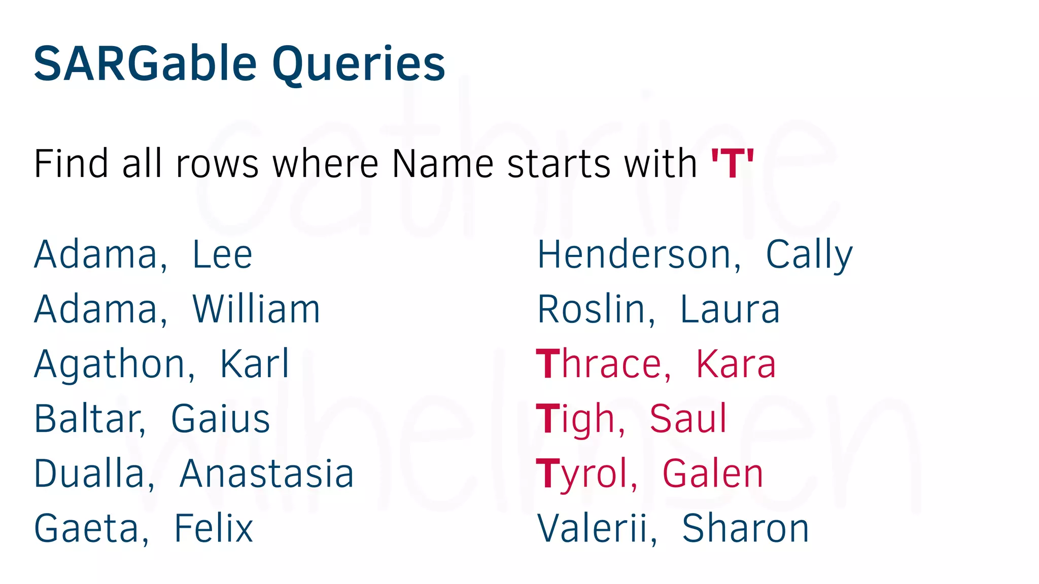 SARGable Queries
Adama, Lee
Adama, William
Agathon, Karl
Baltar, Gaius
Dualla, Anastasia
Gaeta, Felix
Henderson, Cally
Roslin, Laura
Thrace, Kara
Tigh, Saul
Tyrol, Galen
Valerii, Sharon
Find all rows where Name starts with 'T'
 