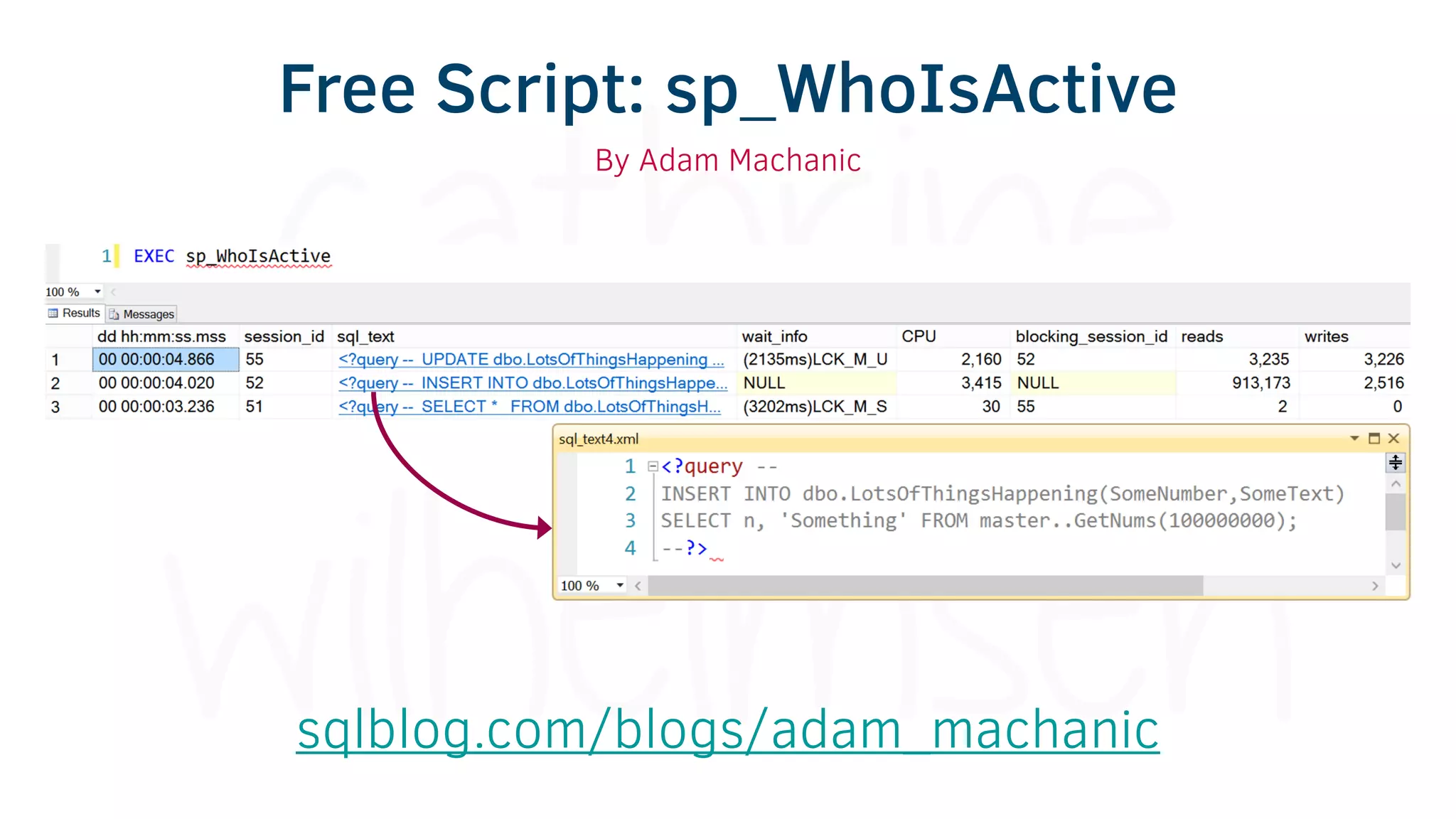 sqlblog.com/blogs/adam_machanic
Free Script: sp_WhoIsActive
By Adam Machanic
 