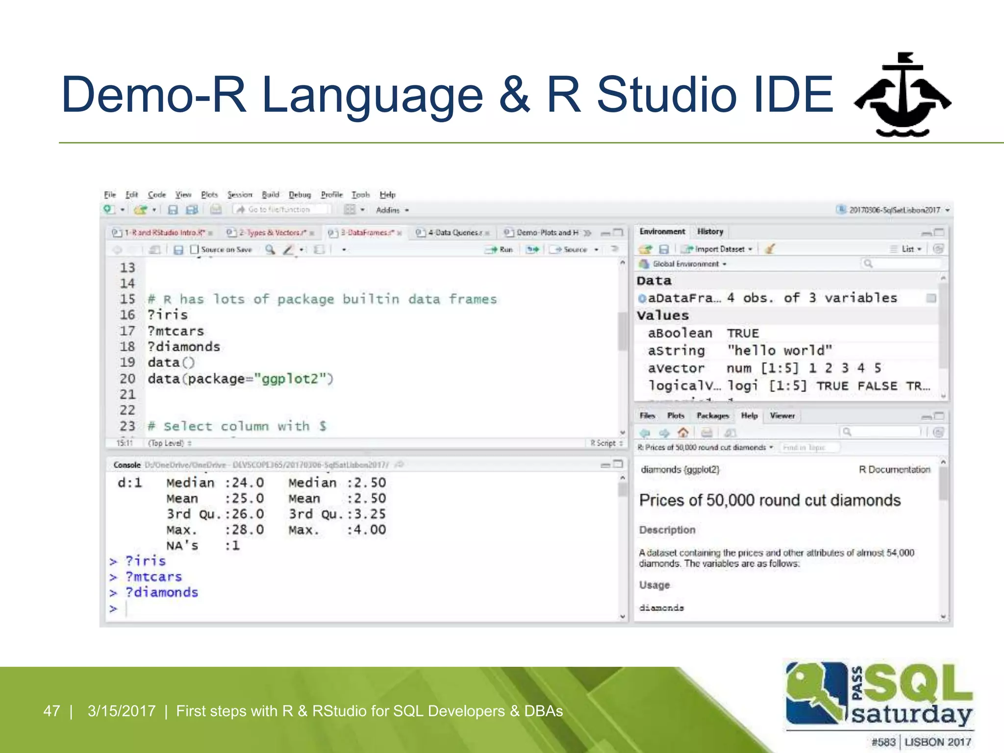 Demo-R Language & R Studio IDE
47 | 3/15/2017 | First steps with R & RStudio for SQL Developers & DBAs
 