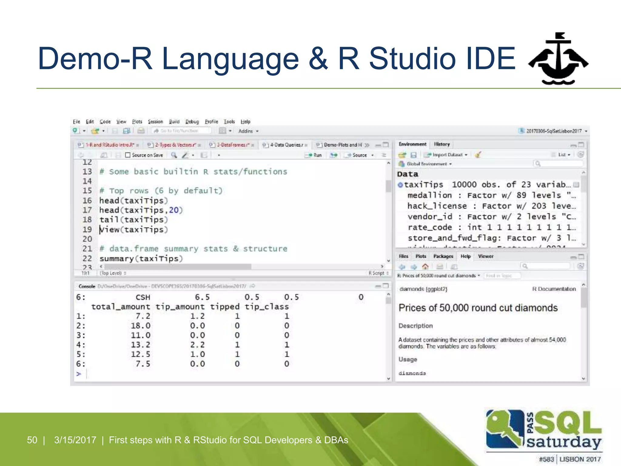 Demo-R Language & R Studio IDE
50 | 3/15/2017 | First steps with R & RStudio for SQL Developers & DBAs
 
