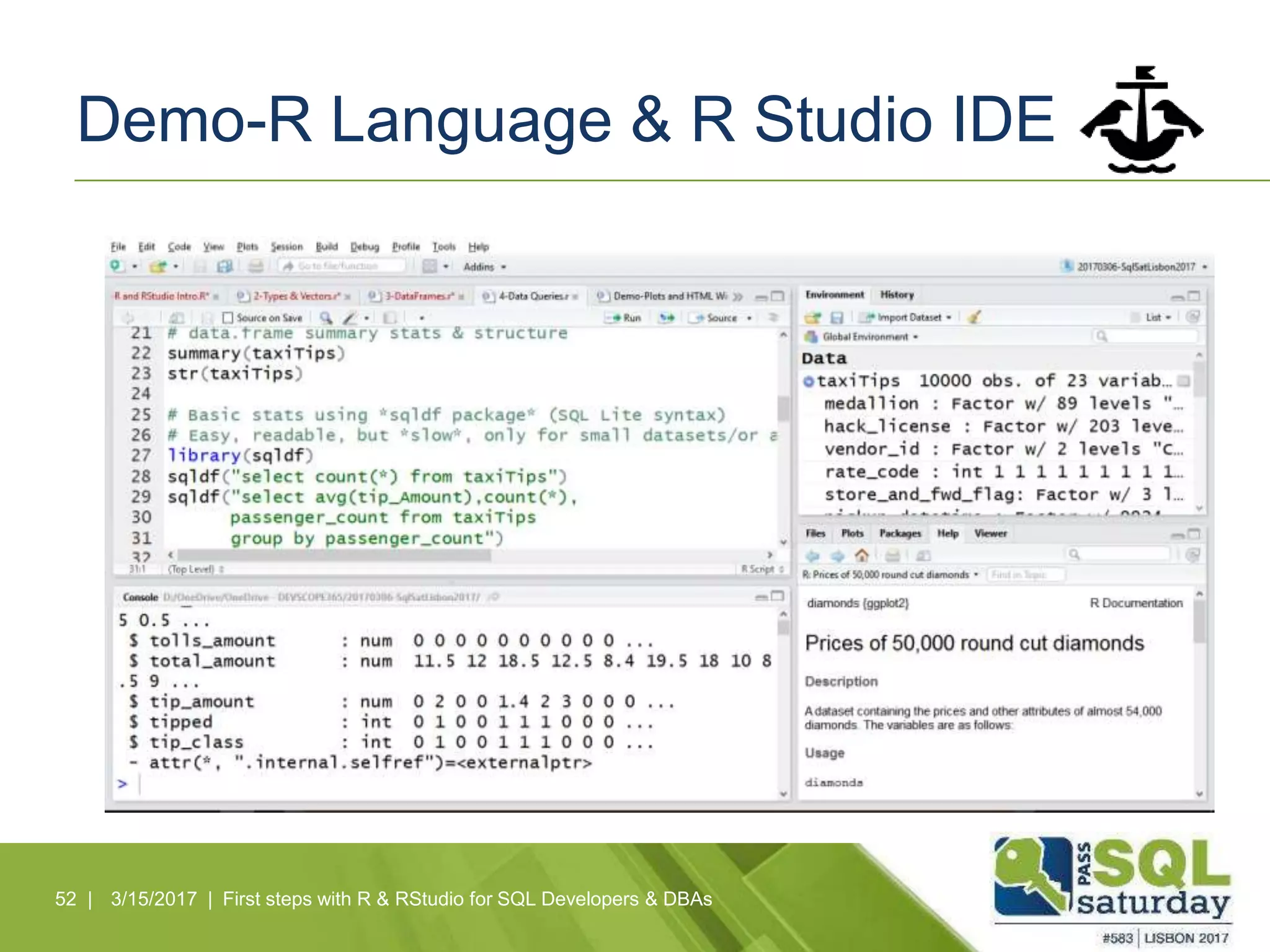 Demo-R Language & R Studio IDE
52 | 3/15/2017 | First steps with R & RStudio for SQL Developers & DBAs
 