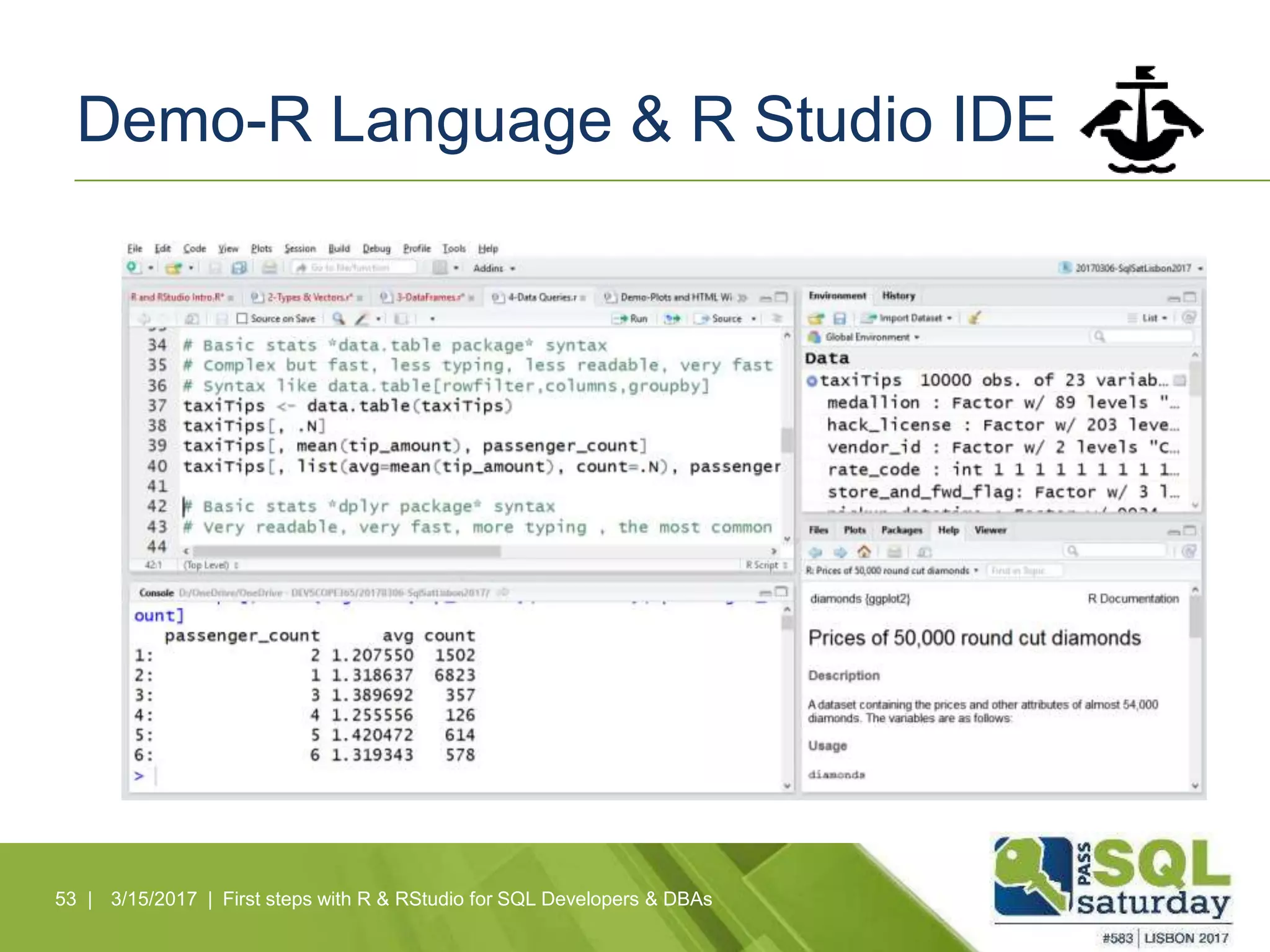 Demo-R Language & R Studio IDE
53 | 3/15/2017 | First steps with R & RStudio for SQL Developers & DBAs
 