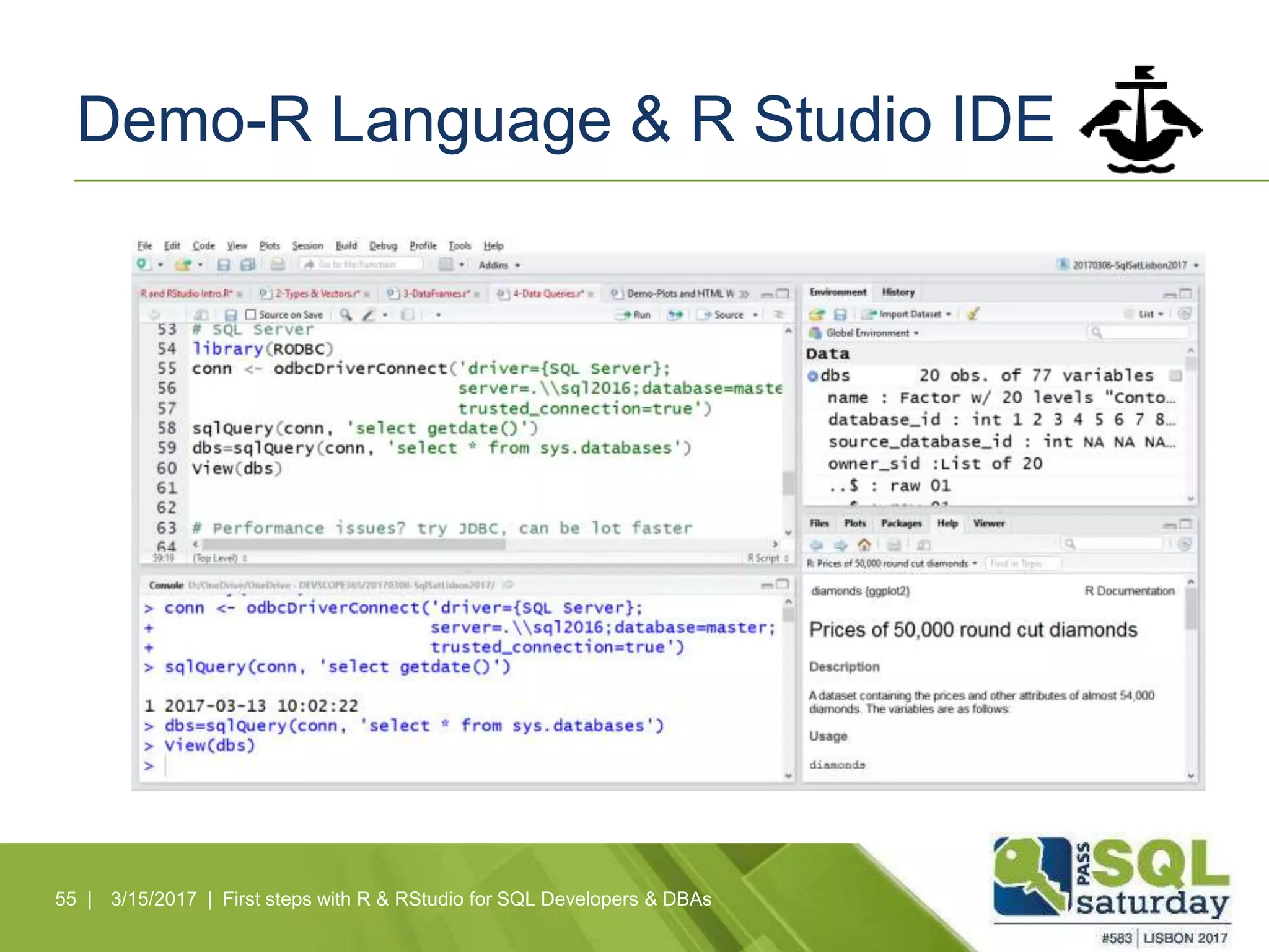 Demo-R Language & R Studio IDE
55 | 3/15/2017 | First steps with R & RStudio for SQL Developers & DBAs
 