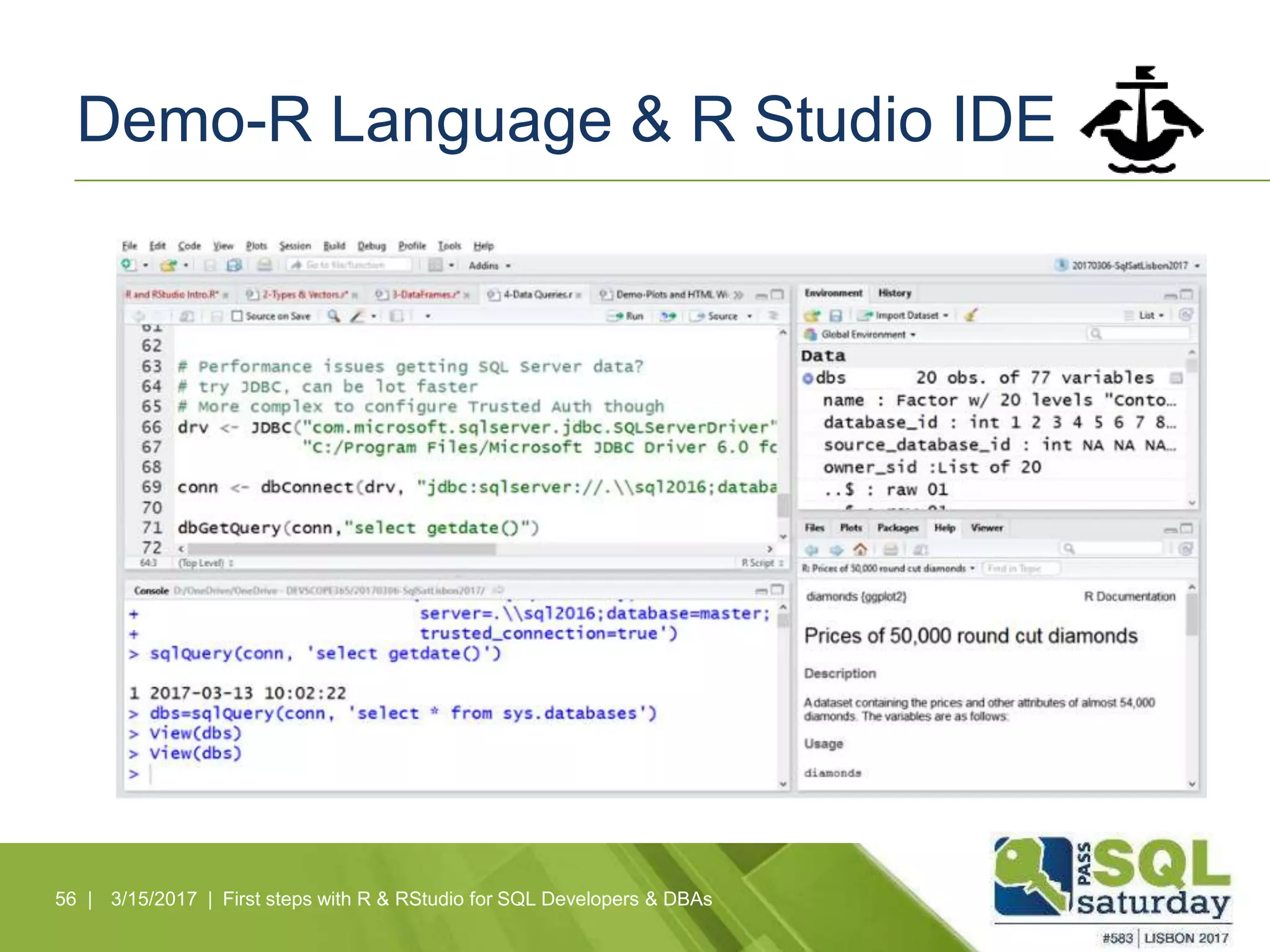 Demo-R Language & R Studio IDE
56 | 3/15/2017 | First steps with R & RStudio for SQL Developers & DBAs
 