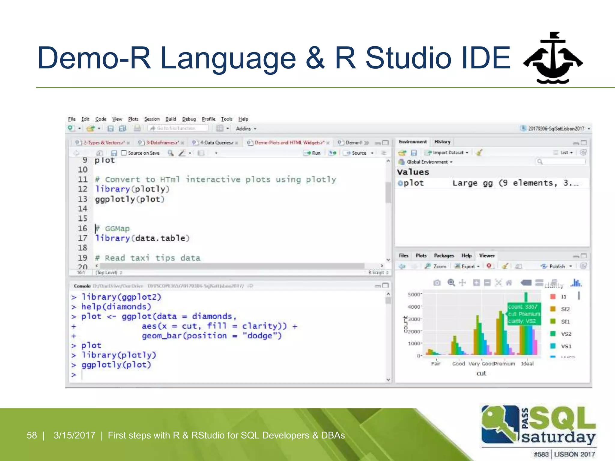 Demo-R Language & R Studio IDE
58 | 3/15/2017 | First steps with R & RStudio for SQL Developers & DBAs
 