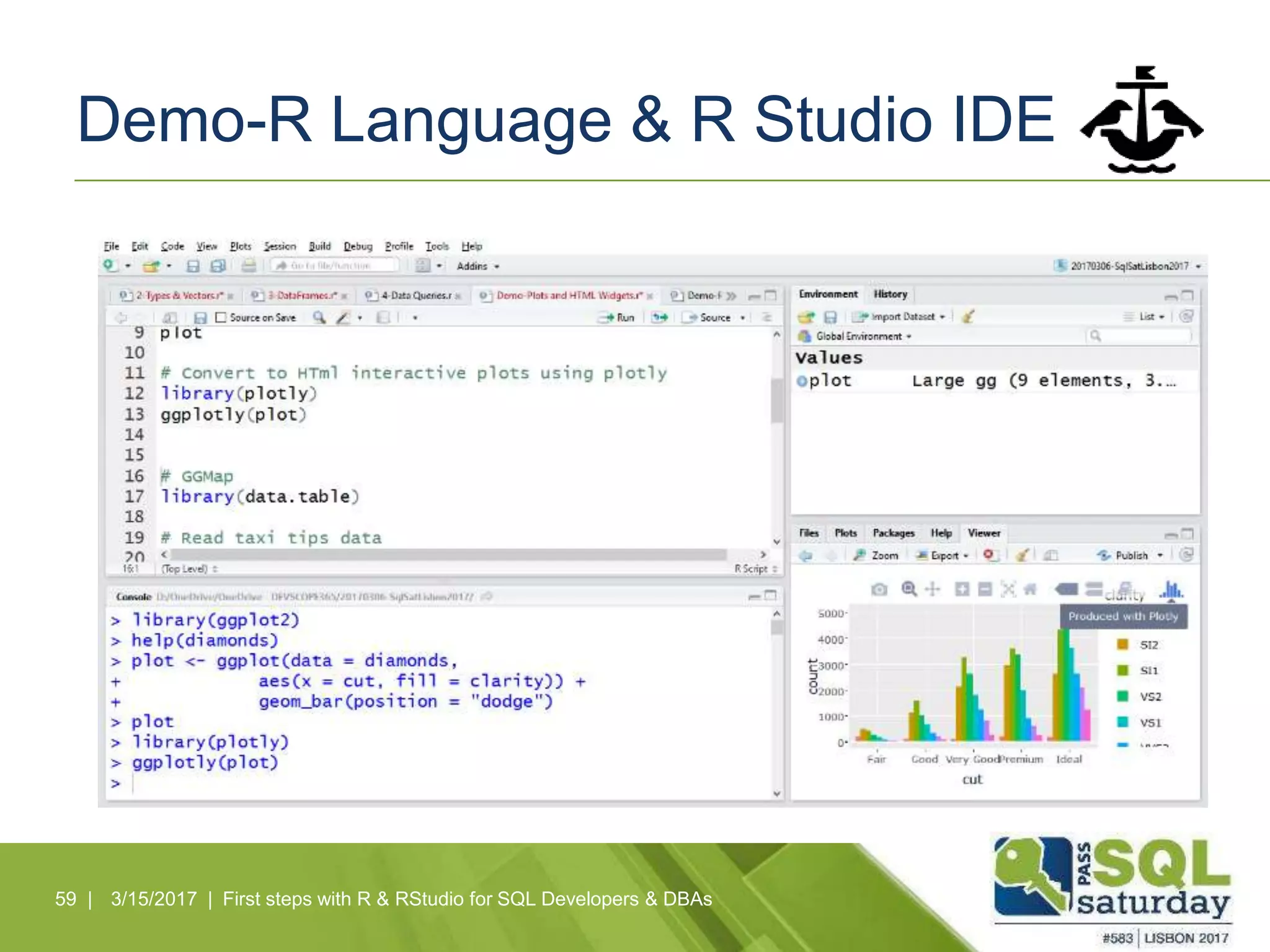 Demo-R Language & R Studio IDE
59 | 3/15/2017 | First steps with R & RStudio for SQL Developers & DBAs
 