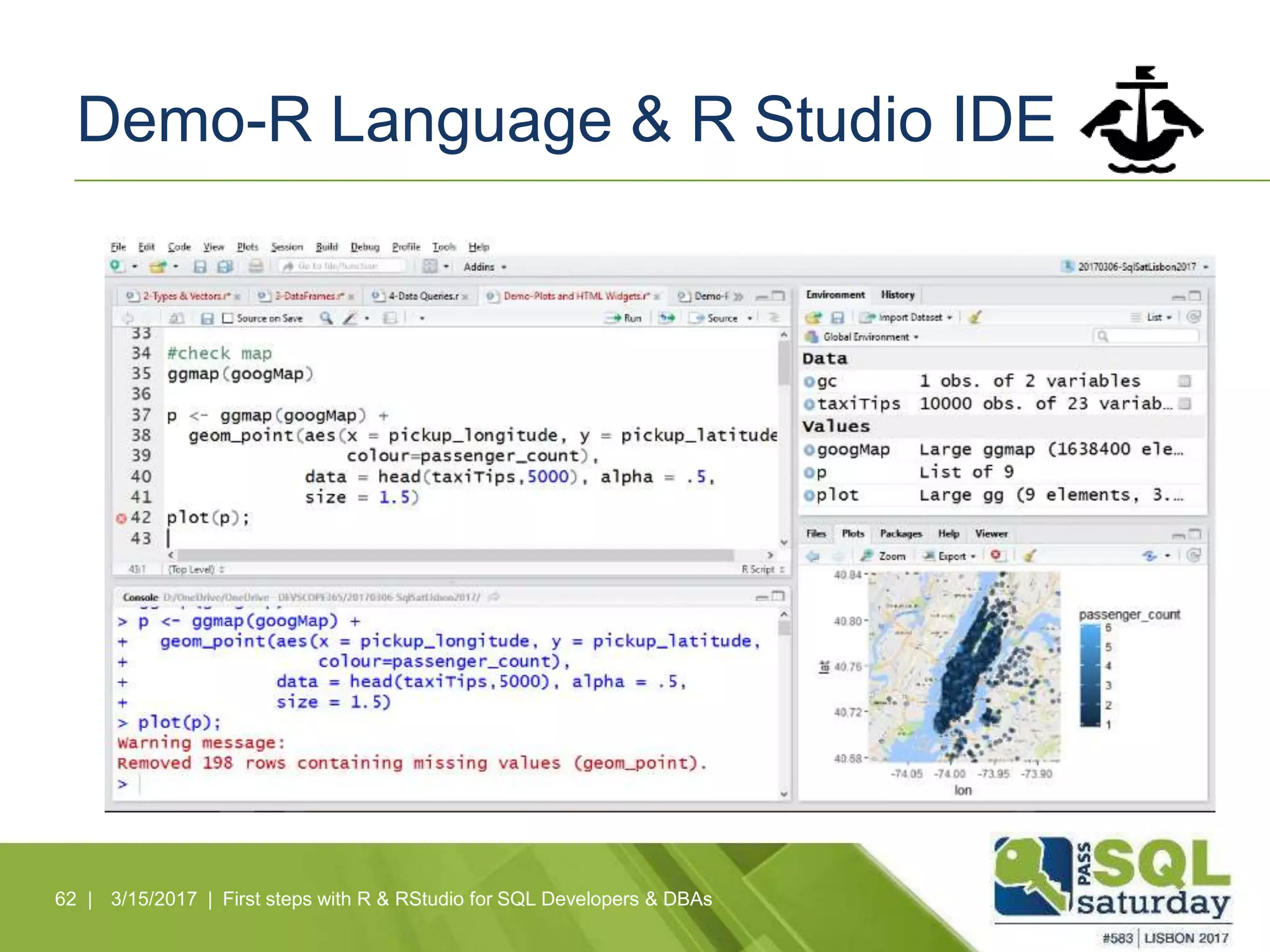Demo-R Language & R Studio IDE
62 | 3/15/2017 | First steps with R & RStudio for SQL Developers & DBAs
 