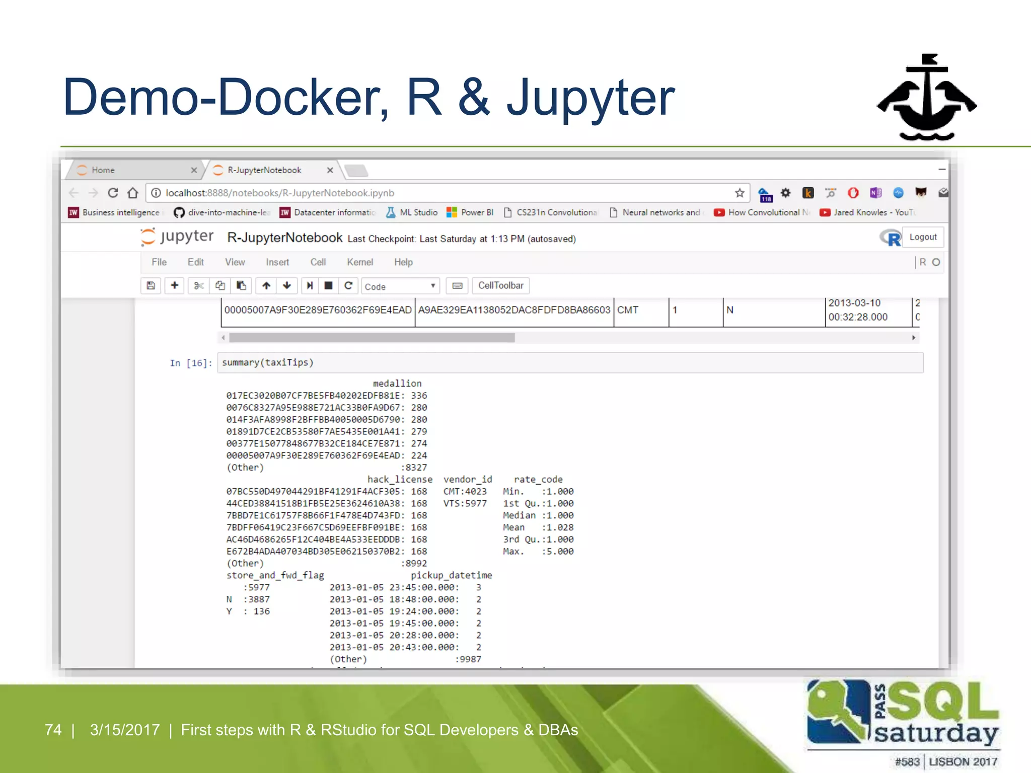 Demo-Docker, R & Jupyter
74 | 3/15/2017 | First steps with R & RStudio for SQL Developers & DBAs
 