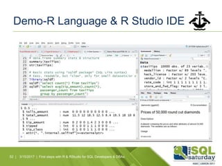 Demo-R Language & R Studio IDE
52 | 3/15/2017 | First steps with R & RStudio for SQL Developers & DBAs
 