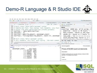 Demo-R Language & R Studio IDE
53 | 3/15/2017 | First steps with R & RStudio for SQL Developers & DBAs
 