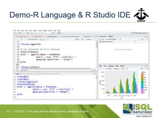 Demo-R Language & R Studio IDE
57 | 3/15/2017 | First steps with R & RStudio for SQL Developers & DBAs
 