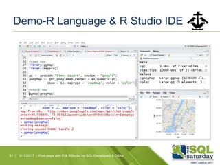 Demo-R Language & R Studio IDE
61 | 3/15/2017 | First steps with R & RStudio for SQL Developers & DBAs
 