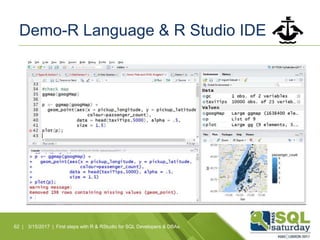 Demo-R Language & R Studio IDE
62 | 3/15/2017 | First steps with R & RStudio for SQL Developers & DBAs
 