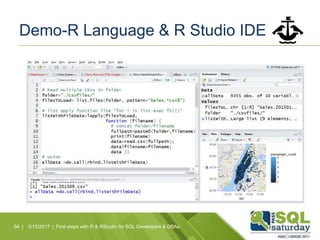 Demo-R Language & R Studio IDE
64 | 3/15/2017 | First steps with R & RStudio for SQL Developers & DBAs
 