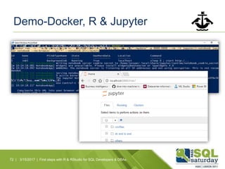 Demo-Docker, R & Jupyter
72 | 3/15/2017 | First steps with R & RStudio for SQL Developers & DBAs
 