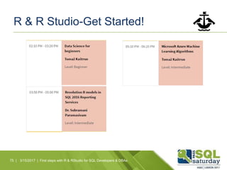 R & R Studio-Get Started!
75 | 3/15/2017 | First steps with R & RStudio for SQL Developers & DBAs
 