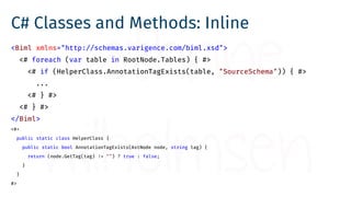 C# Classes and Methods: Inline
<Biml xmlns="http://schemas.varigence.com/biml.xsd">
<# foreach (var table in RootNode.Tabl...