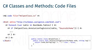 C# Classes and Methods: Code Files
<#@ code file="HelperClass.cs" #>
<Biml xmlns="http://schemas.varigence.com/biml.xsd">
...
