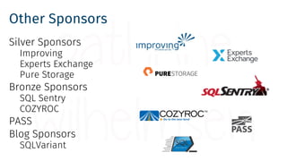 Other Sponsors
Silver Sponsors
Improving
Experts Exchange
Pure Storage
Bronze Sponsors
SQL Sentry
COZYROC
PASS
Blog Sponso...