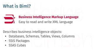 Why use Biml?
SSIS: Plumbing Biml: Business Logic
 
