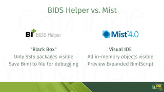 BIDS Helper vs. Mist
"Black Box"
Only SSIS packages visible
Save Biml to file for debugging
Visual IDE
All in-memory objec...