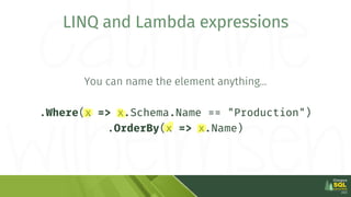 You can name the element anything…
.Where(x => x.Schema.Name == "Production")
.OrderBy(x => x.Name)
LINQ and Lambda expres...