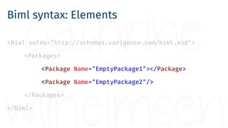 Biml syntax: Attributes
<Biml xmlns="http://schemas.varigence.com/biml.xsd">
<Packages>
<Package Name="EmptyPackage1"></Pa...