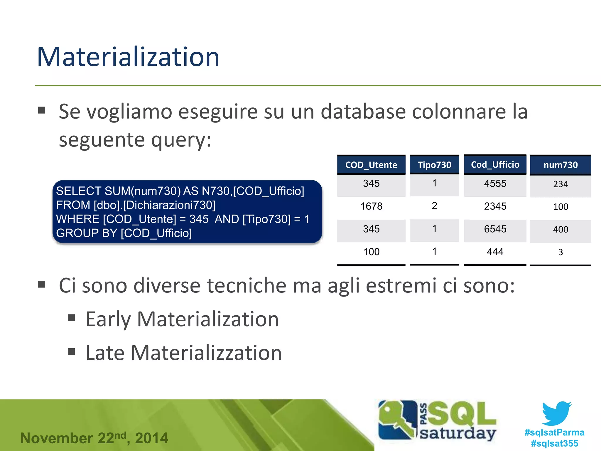 Materialization 
 Se vogliamo eseguire su un database colonnare la 
seguente query: 
SELECT SUM(num730) AS N730,[COD_Ufficio] 
FROM [dbo].[Dichiarazioni730] 
WHERE [COD_Utente] = 345 AND [Tipo730] = 1 
GROUP BY [COD_Ufficio] 
Tipo730 
1 
2 
1 
1 
Cod_Ufficio 
4555 
2345 
6545 
444 
COD_Utente 
345 
1678 
345 
100 
 Ci sono diverse tecniche ma agli estremi ci sono: 
 Early Materialization 
 Late Materializzation 
num730 
234 
100 
400 
3 
#sqlsatParma 
#sqlsat355 November 22nd, 2014 
 