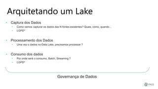 Arquitetando um Lake
• Captura dos Dados
• Como vamos capturar os dados das N fontes existentes? Quais, como, quando...
• LGPD*
• Processamento dos Dados
• Uma vez o dados no Data Lake, precisamos processar ?
• Consumo dos dados
• Por onde será o consumo, Batch, Streaming ?
• LGPD*
Governança de Dados
 