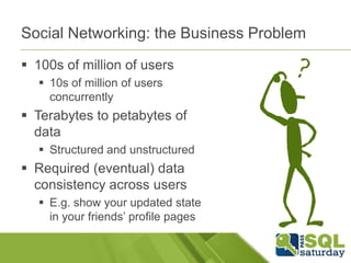 Social Networking: the Business Problem
 100s of million of users
   10s of million of users
    concurrently
 Terabytes to petabytes of
  data
   Structured and unstructured
 Required (eventual) data
  consistency across users
   E.g. show your updated state
    in your friends’ profile pages
 
