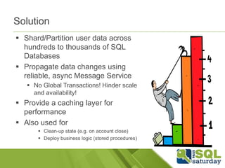 Solution
 Shard/Partition user data across
  hundreds to thousands of SQL
  Databases
 Propagate data changes using
  reliable, async Message Service
    No Global Transactions! Hinder scale
     and availability!
 Provide a caching layer for
  performance
 Also used for
       Clean-up state (e.g. on account close)
       Deploy business logic (stored procedures)
 