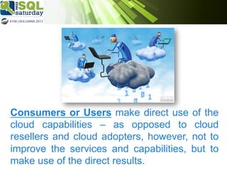 Consumers or Users make direct use of the
cloud capabilities – as opposed to cloud
resellers and cloud adopters, however, not to
improve the services and capabilities, but to
make use of the direct results.

 