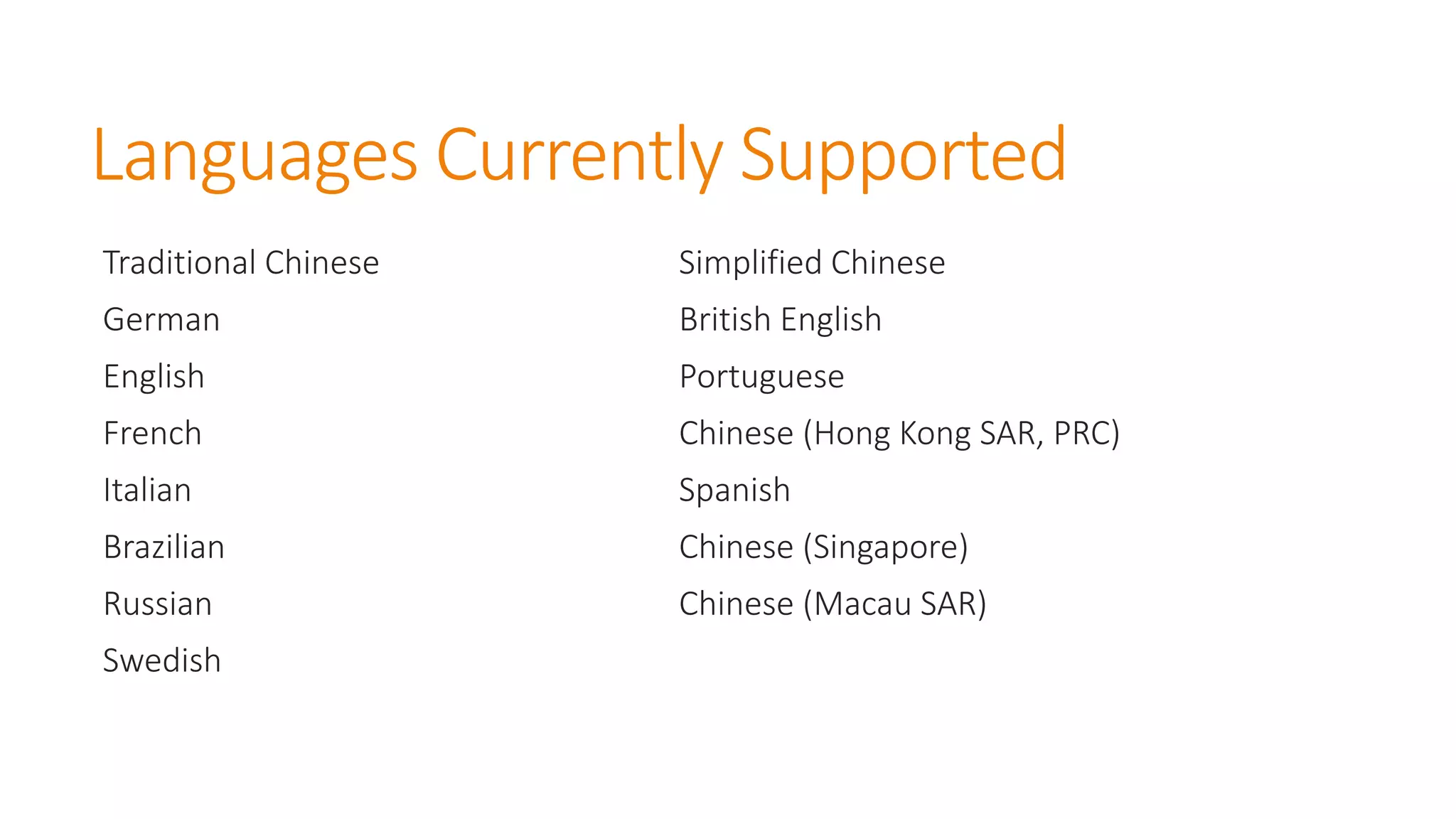 Languages Currently Supported 
Traditional Chinese 
German 
English 
French 
Italian 
Brazilian 
Russian 
Swedish 
Simplified Chinese 
British English 
Portuguese 
Chinese (Hong Kong SAR, PRC) 
Spanish 
Chinese (Singapore) 
Chinese (Macau SAR)  