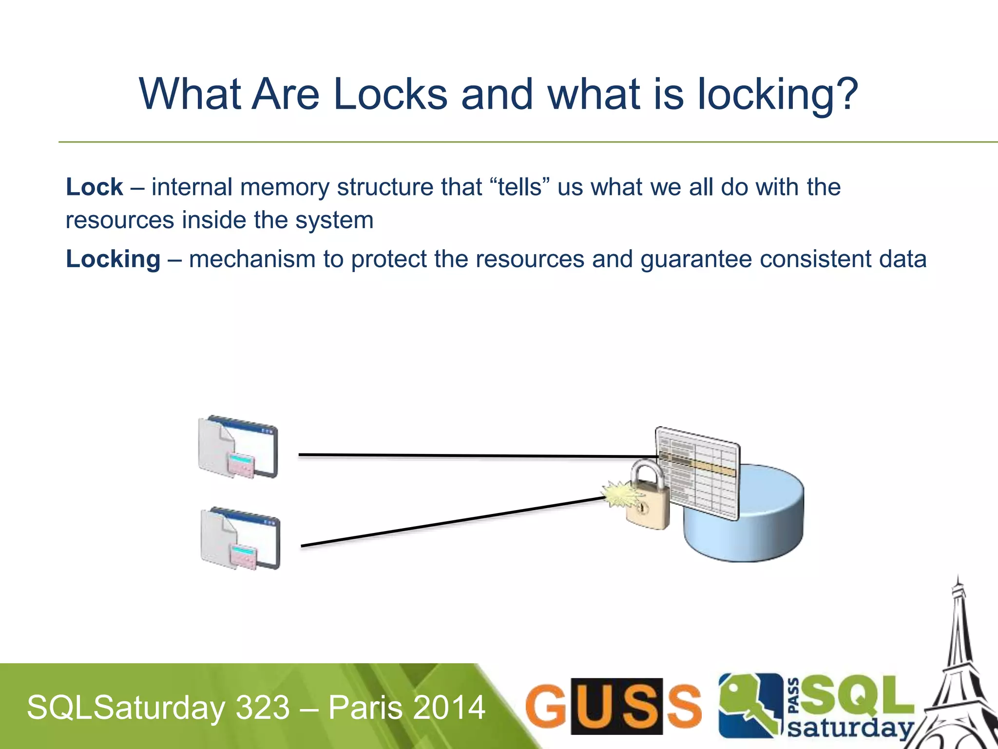 What Are Locks and what is locking? 
Lock – internal memory structure that “tells” us what we all do with the 
resources inside the system 
Locking – mechanism to protect the resources and guarantee consistent data 
SQLSaturday 323 – Paris 2014 
 