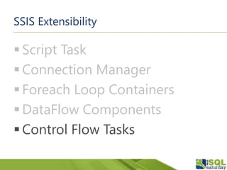 SSIS Extensibility
 Script Task
 Connection Manager
 Foreach Loop Containers
 DataFlow Components
 Control Flow Tasks
 