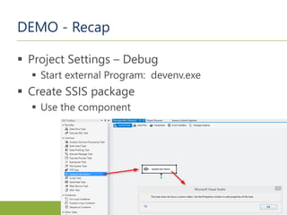 DEMO - Recap
 Project Settings – Debug
 Start external Program: devenv.exe
 Create SSIS package
 Use the component
 