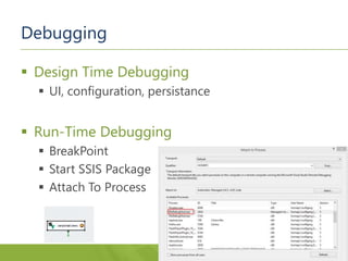 Debugging
 Design Time Debugging
 UI, configuration, persistance
 Run-Time Debugging
 BreakPoint
 Start SSIS Package
 Attach To Process
 
