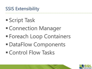 SSIS Extensibility
 Script Task
 Connection Manager
 Foreach Loop Containers
 DataFlow Components
 Control Flow Tasks
 