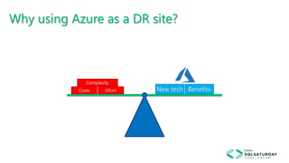 Why using Azure as a DR site?
Costs
Complexity
Effort New tech Benefits
 