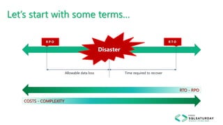 Let’s start with some terms…
Allowable data loss Time required to recover
Disaster
R P O R T O
RTO - RPO
COSTS - COMPLEXITY
 
