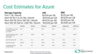 #SQLSatATL
Cost Estimates for Azure
https://azure.microsoft.com/en-
us/pricing/details/storage/blobs/
Storage Capacity LRS
First 1 TB / Month $0.024 per GB
Next 49 TB (1 to 50 TB) / Month $0.0236 per GB
Next 450 TB (50 to 500 TB) / Month $0.0232 per GB
Next 500 TB (500 to 1,000 TB) / Month $0.0228 per GB
ZRS
$0.03 per GB
$0.0295 per GB
$0.029 per GB
$0.0285 per GB
 
