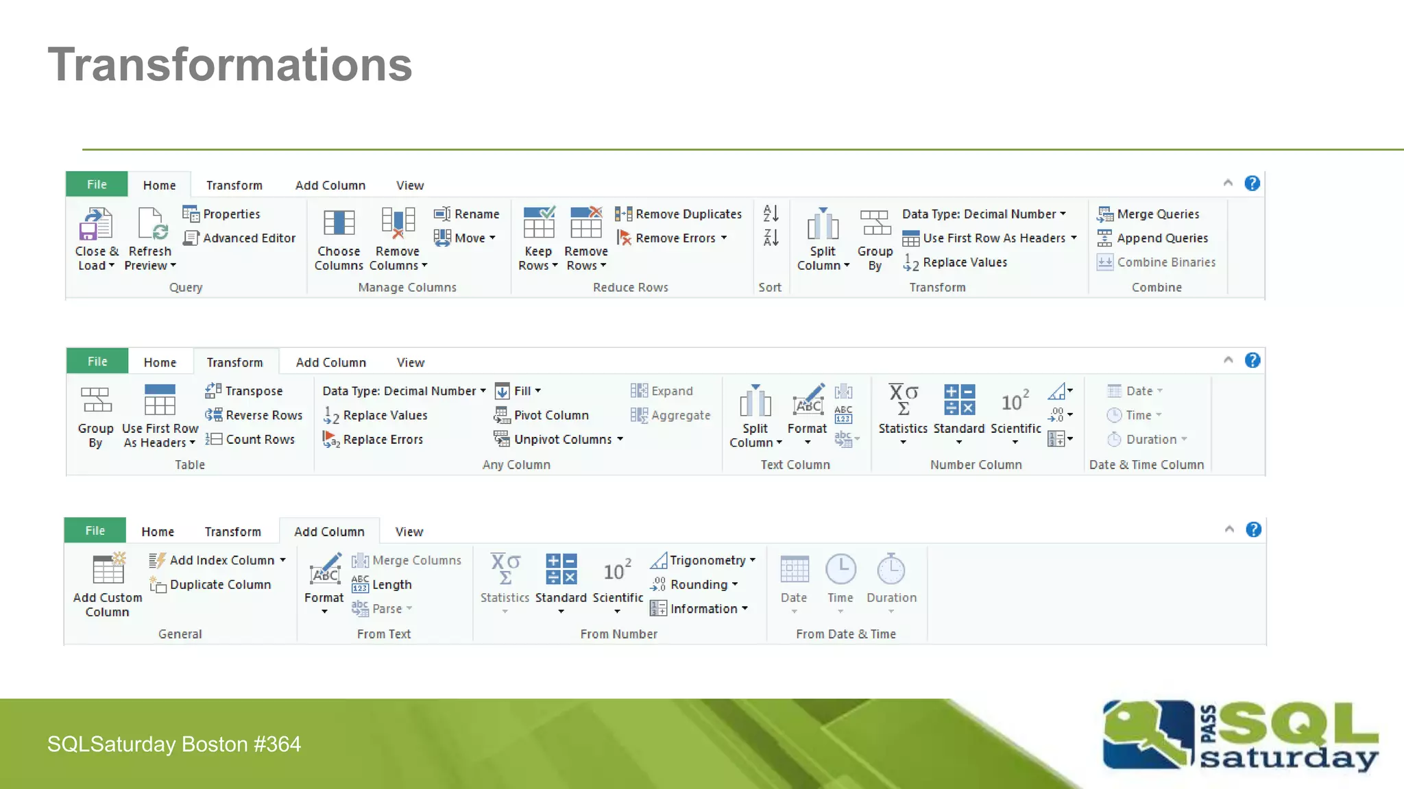 Transformations
SQLSaturday Boston #364
 