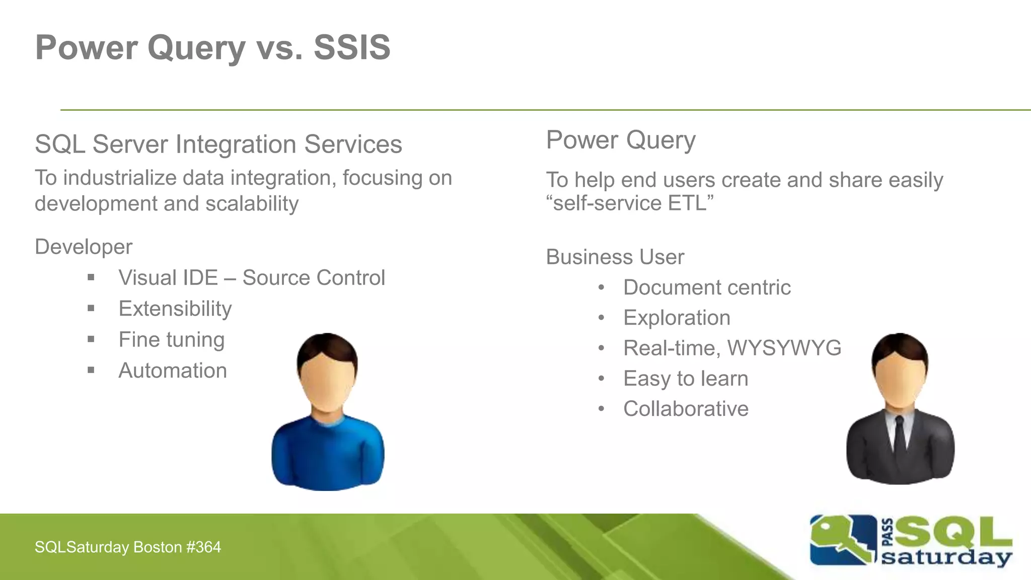 Power Query vs. SSIS
SQL Server Integration Services
To industrialize data integration, focusing on
development and scalability
Developer
 Visual IDE – Source Control
 Extensibility
 Fine tuning
 Automation
Power Query
To help end users create and share easily
“self-service ETL”
Business User
• Document centric
• Exploration
• Real-time, WYSYWYG
• Easy to learn
• Collaborative
SQLSaturday Boston #364
 