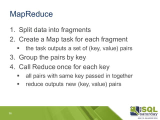 MapReduce
59
1. Split data into fragments
2. Create a Map task for each fragment
§ the task outputs a set of (key, value) ...