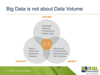 Big Data is not about Data Volume
5/21/2016 Me, A Data Scientist?9 |
 