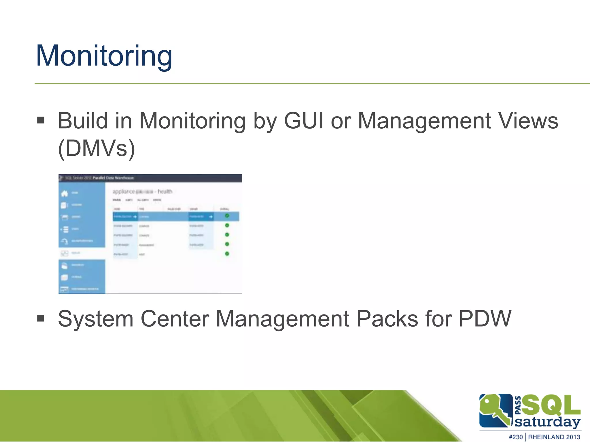 Monitoring  Build in Monitoring by GUI or Management Views (DMVs)  System Center Management Packs for PDW 