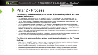 IT ASSESSMENT & BUSINESS PLAN ROADMAP
Sample Deliverable
Pillar 2 - Process
The following assessment covered the system & process integration & workflow
between departments:
1. The core financial systems (GL, PO, AP, OE, Billing, AR, JC/WO, PR, e-Time) are fairly well integrated even given the
divergent platforms and the high degree of customization that were purchased (M&D, Harris, Custom Applications, etc…)
2. The HR system (Silkroad) is an integrated suite of products replacing manual processes today; however, it is needs to be
integrated with Harris HR/Payroll and e-Time to prevent duplication of efforts
3. The RVI imaging system has been implemented at a few sites and is having some good success but not company wide;
however, there is an opportunity to improve the workflow to include AP and AR for customer backup and billing support and
create further improvements in workflow and integration before implementing company wide. There is also an opportunity to
centralize how workflow can improve overhead and create automation and synergies across RFOC
4. There is a need for an automated Requisition system to be interfaced with Procurement system and a Sales Tax system is
needed to accurately record sales tax.
5. The operational systems (Estimating, Engineering, Procurement, Scheduling) are working in vertical silos for the most part
and there are some opportunities to integrate engineering-bill of materials-procurement systems.
The following recommendations should be consideration to address the Process
findings:
1. Setup ITEC and review ERP solutions to gain new ideas to improve current platform or determine cost/benefit of solutions
2. Continue to integrate SILKROAD with current Harris HR/Payroll & e-Time systems
3. Review current RVI workflow design and determine best path forward for company wide rollout and improved workflow
4. Evaluate the cost/benefit of a Requisition and Sales Tax module to be built vs long term software package alternatives
5. Review current Operational system workflow opportunities and design an integrated Configuration Management System
 