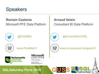 SQLSaturday Paris 2015
Speakers
Romain Casteres
Microsoft PFE Data Platform
@PulsWeb
www.PulsWeb.fr
Arnaud Voisin
Consultant BI Data Platform
@ArnaudVoisinSQL
www.arnaudvoisin.blogspot.fr
 
